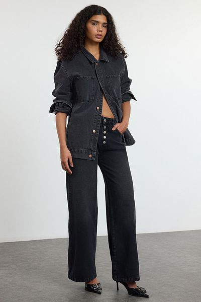 Trendyol Collection Black Front Button Low Waist Wide Leg Jeans Twoss25Je00004