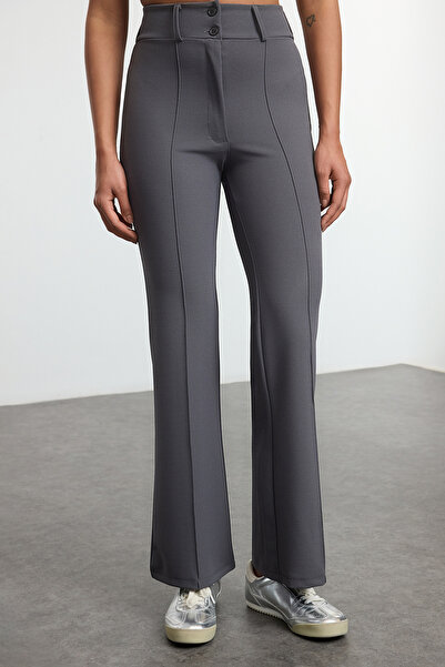 Trendyol Collection High Waist Flare Anthracite Trousers - Ribbed Detail, Spanish Leg Twoaw25Pl00071