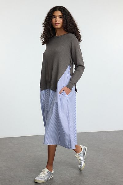 Trendyol Collection Anthracite Stripe Midi Dress with Knitwear Garnish - Straight Cut Twoaw25El00359
