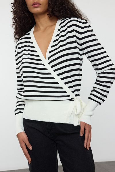 Edit by Trendyol Ecru Striped Double Breasted Lapel Lacing Detail Knitwear Cardigan Tedaw25Hi00029