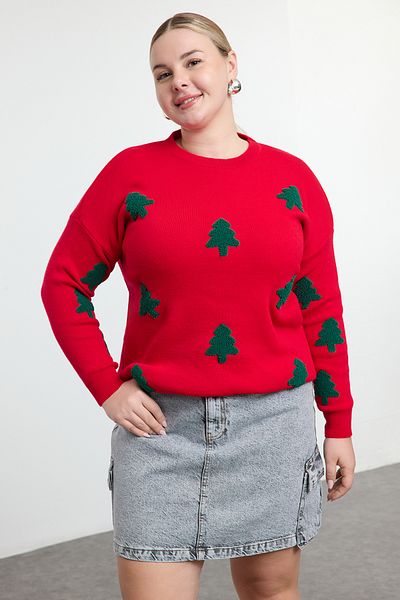 Trendyol Curve Red Embroidered New Year's Themed Knitwear Sweater Tbbaw25An00064