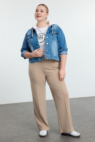 Trendyol Curve Plus Size Mink Ribbed Detailed Elastic Waist Knitted Trousers - Tbbaw25Ar00001