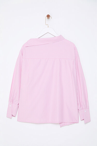 Trendyol Collection Růžová limitovaná edice límečku s detailem pruhované tkané košile Twoaw25Go00065