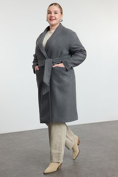 Trendyol Curve Szürke túlméretes bélyegzőkabát - öves, szőtt, TBBAW23KB00004