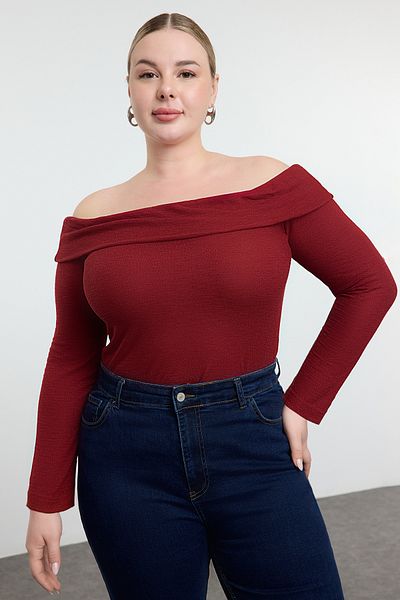 Trendyol Curve Bluză tricotată cu guler Carmen bordeaux TBBAW25AF00030