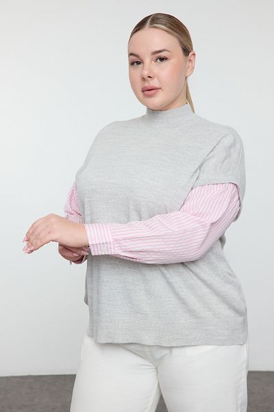 Trendyol Curve Gray Sleeves Pink Striped Woven Mixed Knitwear Sweater Tbbaw24An00017