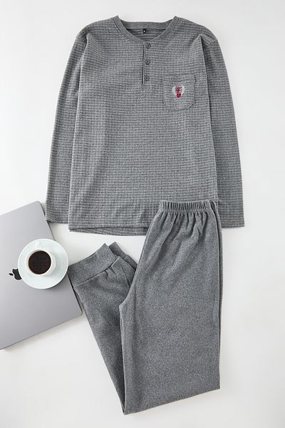 Edit by Trendyol Men's Gray Striped Knitted Men's Pajamas Set Tedaw25Pt00005