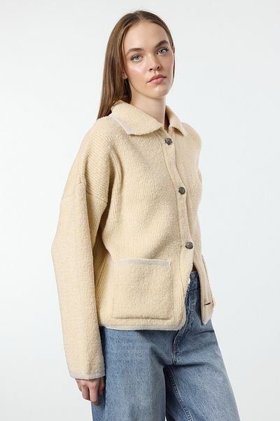 Trendyol Collection Stone Super Wide Fit Polo Neck Knitwear Cardigan Twoaw24Hi00177
