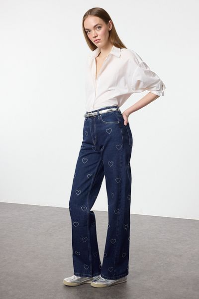 Trendyol Collection Sötétkék széles lábú farmernadrág magas derekú kővel - TWOAW25JE00325