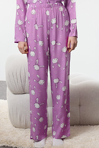 Trendyol Collection Lila nyúl és szív viszkóz szőtt pizsama szett THMAW25PT00076