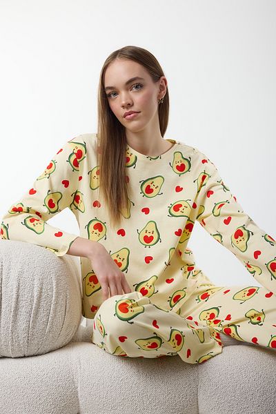 Trendyol Collection Zöld-többszínű 100% pamut avokádó és szív kötött pizsama szett THMAW25PT00078