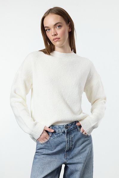 Trendyol Collection Ecru*001 Wide Fit - Boucle Striped Knitwear Sweater Twoaw23Kz01863