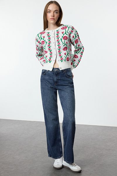 Trendyol Collection Ecru Soft Textured Floral Knitwear Cardigan Twoaw25Hi00384