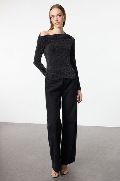 Trendyol Collection Ανθρακί ασύμμετρη πλεκτή μπλούζα με λεπτομέρεια στρίφωμα TPRAW25BZ00018