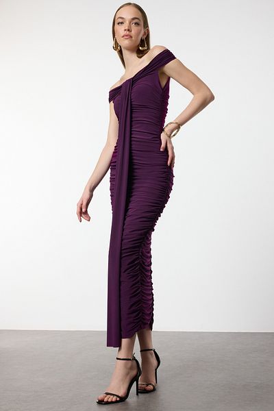 Trendyol Collection Plum Fitted Draped Woven Dress Tpraw25El00159