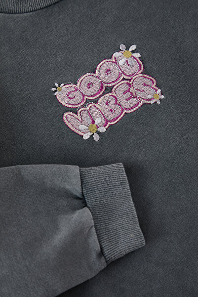 TRENDYOLKIDS Gray Girl Printed Knitted Sweatshirt Tkdaw25Sw00131