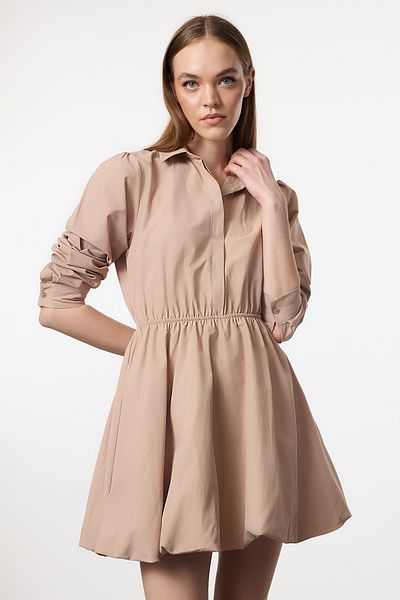 Trendyol Collection Μίνι υφαντό φόρεμα με γιακά πουκάμισο με φούστα Camel TWOAW25EL00489