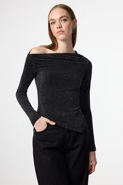Trendyol Collection Ανθρακί ασύμμετρη πλεκτή μπλούζα με λεπτομέρεια στρίφωμα TPRAW25BZ00018
