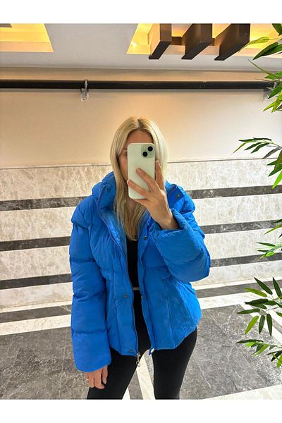 Garamak Women's Blue Hooded Pocket Short Coat