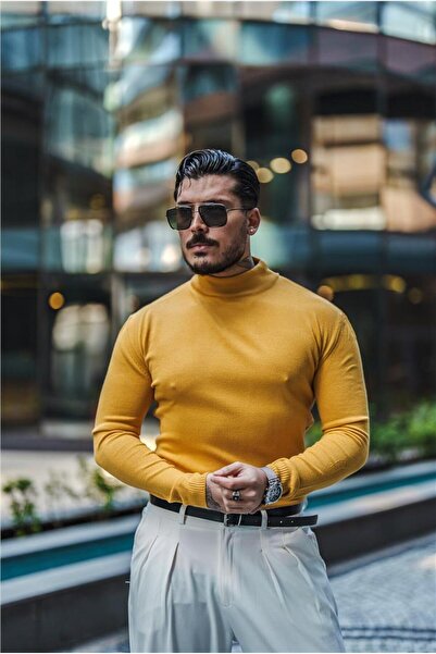 OUTFİT MAN Pulover tricotat pentru bărbați, de culoare muștar, cu jumătate de...