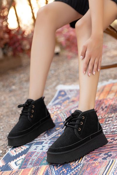 AYAKKABİSEPETİ Thick Insole Thai Feather Suede Lace-Up Women's Mini Boots Women's Black Lace-Up Boots