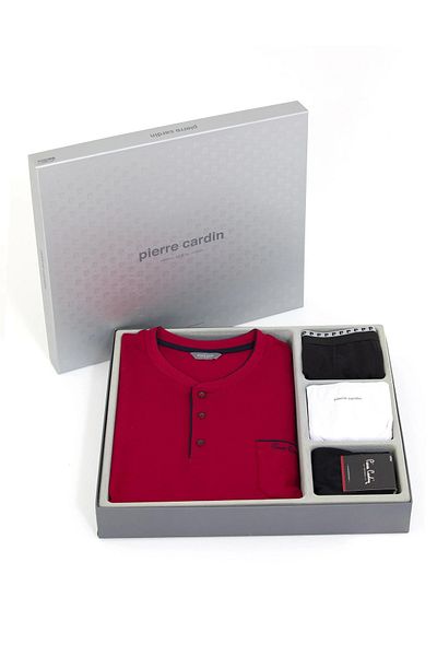 Pierre Cardin Σετ ανδρικές πιτζάμες Claret Red - Βαμβακερές, Σετ προίκας γαμπρού, σε κουτί R.O.2.0.0.Z.E.0.0.L.T