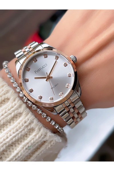 Ferrucci ÇELİK KORDON 3 ATM SU GEÇİRMEZ KADIN KOL SAATİ+BİLEKLİK HEDİYELİ