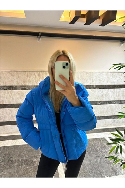Garamak Women's Blue Hooded Pocket Short Coat