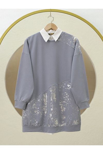 Modamorfo Ασημί εμπριμέ τεμαχισμένο τουνίκ Crew Neck - γκρι