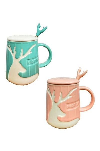 HUN 400ml Cute Ceramic Deer Soft Drink Mug with Spoon - Blue