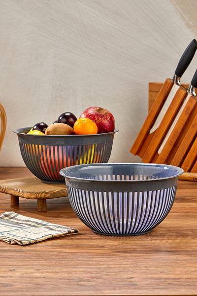 Milenay 3.6Lt Large Size Set of Two - Striped Modern Design Fruit, Vegetable and Salad Bowl