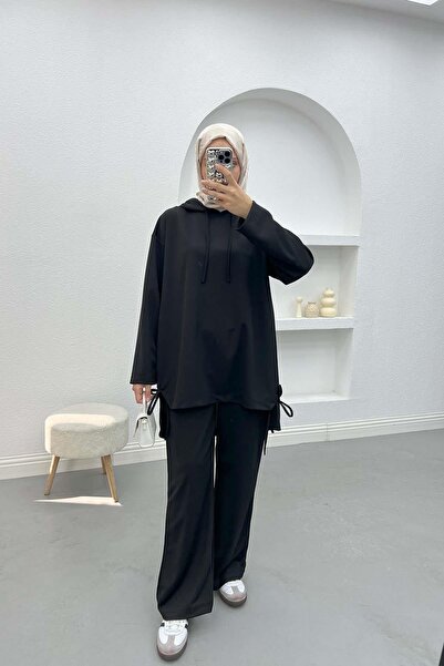 Pardesü Dünyası Yan Bağlamalı Kapüşonlu Takım Siyah