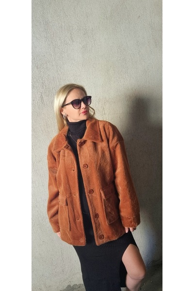 Garamak Kadın Cepli Astarlı Kahve Rengi  Kısa Kaban