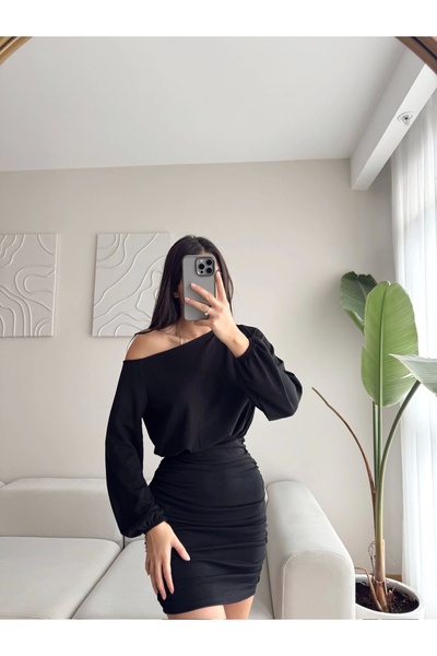 Zoom Butik Modal Düşük Omuz Elbise - SİYAH