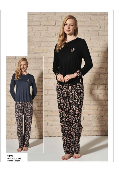 Feyza Pijama Set pijama neagră din bumbac pieptănat Pijadore