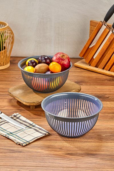Milenay 3.6Lt Large Size Set of Two - Striped Modern Design Fruit, Vegetable and Salad Bowl
