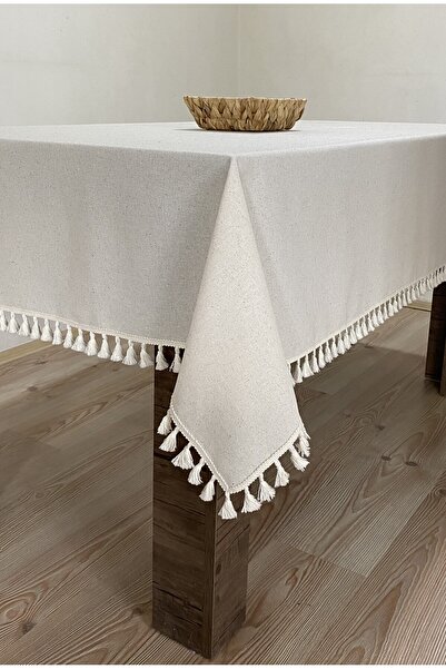 pamukidea Față de masă din in, 100% bumbac, bej, cu pompon și ciucuri Buldan - pătrată și dreptunghiulară