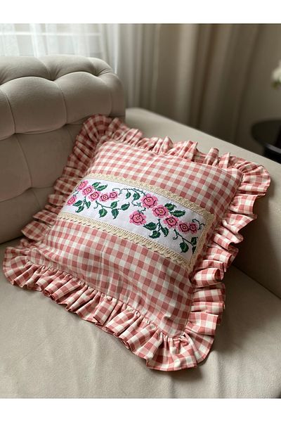 Parla Life Cross Stitch Embroidered Linen Gingham Throw Pillow Cover (Custom Size and Color Make)
