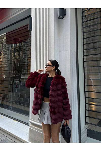 manana fashion Palton lung de blană de calitate premium burgundy