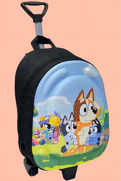 Uniquerrs Grădiniță Creșă Copii 3D Colorat Bluey Imprimat Geantă de școală și rucsac cu roți cu racletă