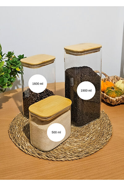 BRE HOME 3-Piece Bamboo Lid - Rectangular Borasilicate Glass Pulses Food Jar - Large Size Tea Coffee Sugar Set