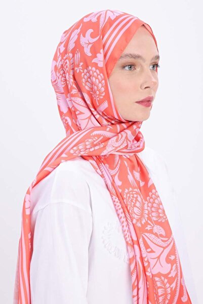 ALLDAY Turuncu-Pembe-Desenli Twill Şal