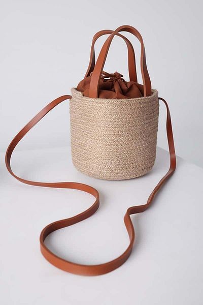ALLDAY Tan-Small Size Hand and Shoulder Round Straw Bag