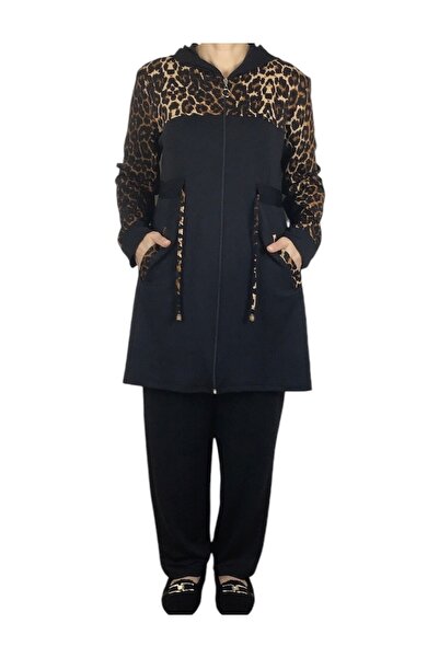 ECE GİYİM بدلة نسائية منقوشة بطبعة ليوبارد مع قلنسوة وسحاب أمامي بدون قلنسوة ...