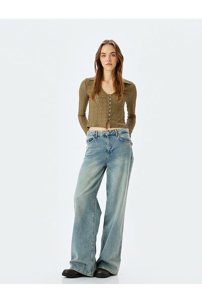 Koton Polo Neck Buttoned Openwork Long Sleeve T-Shirt