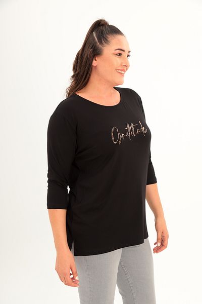 Şans Women's Plus Size Black Crew Neck Print and Stone Detail Bat Sleeve Blouse 65N38671