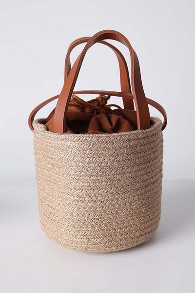 ALLDAY Tan-Small Size Hand and Shoulder Round Straw Bag
