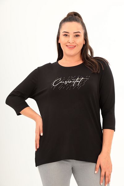 Şans Women's Plus Size Black Crew Neck Print and Stone Detail Bat Sleeve Blouse 65N38670