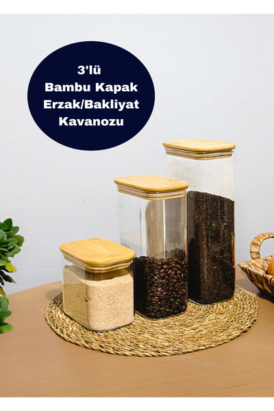 BRE HOME 3'lü Bambu kapaklı dikdörtgen borasilikat cam bakliyat erzak kavanozu büyük boy çay kahve şeker