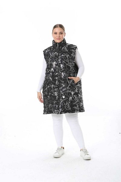 Şans Women's Plus Size Black Lacquer Printed Quilted Pocket Long Vest 65N38665